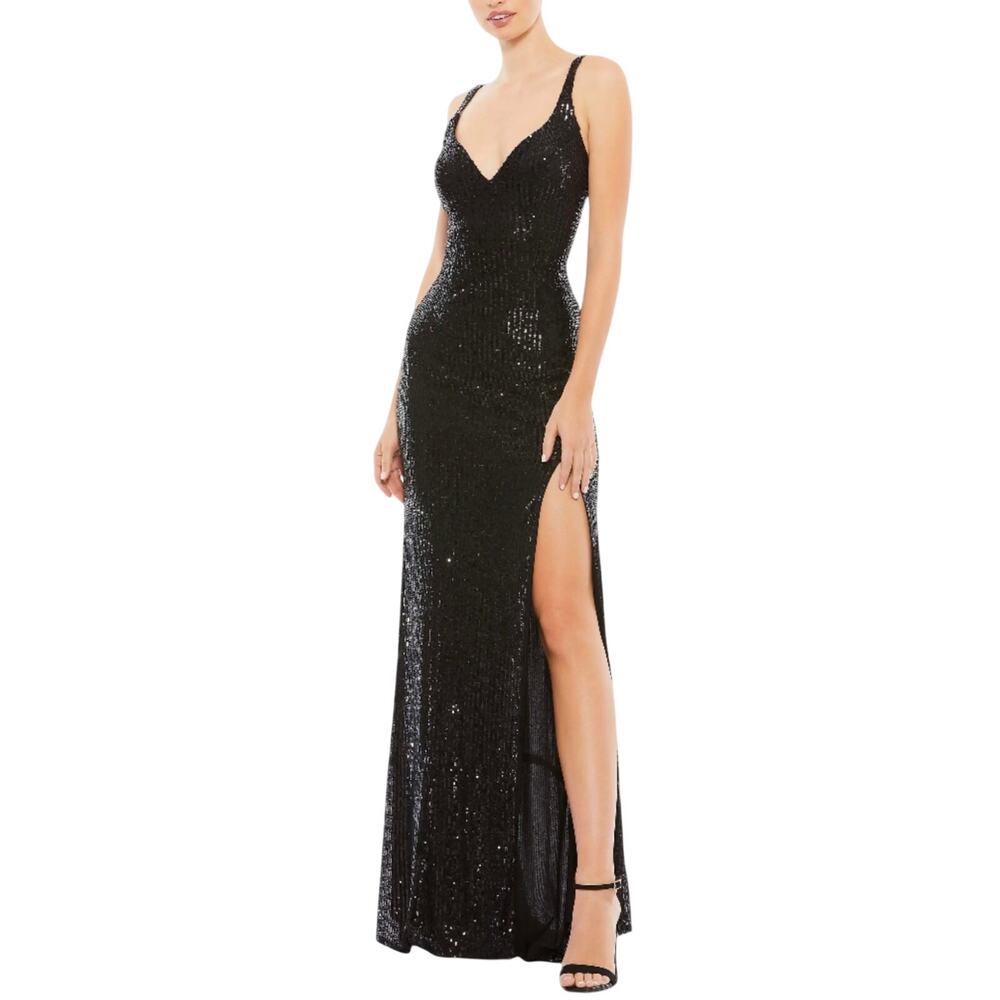 Mac Duggal 26443 Black Evening Gown Sequined Scoop Back Column Dress Size 12